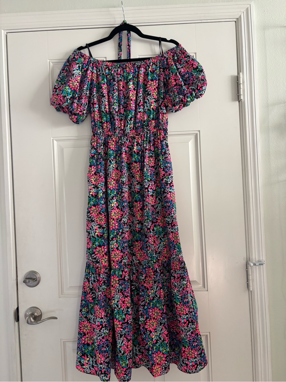 #016 Floral Off-Shoulder Midi Dress - Pink & Green